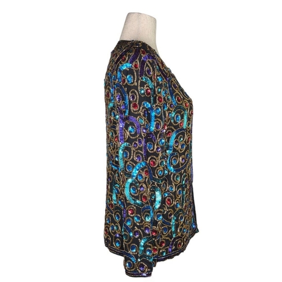 Vintage Laurence Kazar Silk Sequin Beaded Jacket Black Multicolor Size L - Picture 5 of 10
